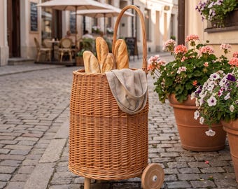 Wicker Shopping Trolley, Handmade Rattan Shopping Cart on Wheels, Rolling Market Basket with Handle, French Style Handmade