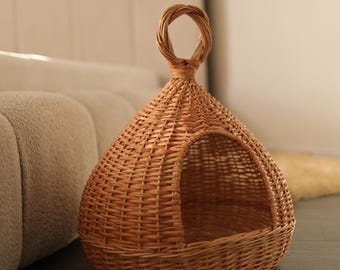 Handmade Wicker Pet House, Cat Cave Bed Natural Willow, Cozy Cat Basket Bed, Rustic Pet Hideaway, Small Dog Bed
