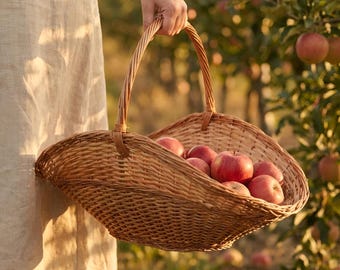 Wicker Fruit Harvest Basket with Handle, Willow Garden Trug Basket, Handwoven Flower Gathering Basket