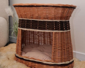 Eco Handmade Wicker Cat & Dog Bed, 2-Level Pet House with Cushion, Organic Pet Furniture for Small Dog or Cat, Natural Basket for Indoor Pet