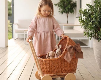 Boho Wicker Doll Pram with Bow, Handmade Rattan Baby Stroller, Floral Garden Photoshoot Toy, Kids Nursery Gift