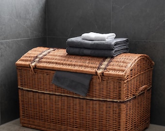 Handwoven Wicker Storage Trunk with Domed Lid, Rattan Basket Chest with Rope Trim, Boho Rustic Living Room and Nursery Decor, Handmade
