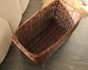 Large Dark Wicker Laundry Basket, Handmade Storage Bin, Rustic Willow Clothes Hamper, Farmhouse Deep Storage Basket