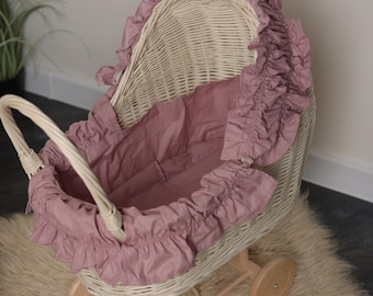 Handmade Wicker Doll Stroller with Pink Bedding, Rattan Baby Carriage, Vintage Doll Pram, Wooden Wheel Toy Buggy,  Baby Shower Decor