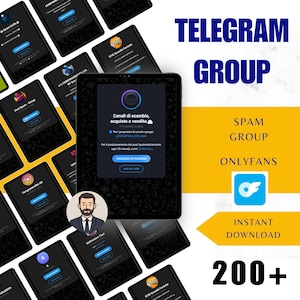 Pode incluir: Imagem promocional com vários tablets exibindo interfaces de grupo Telegram. O tablet central mostra uma interface escura com texto em italiano, incluindo "Canali di scambio, acquisto e vendita." A imagem também inclui o texto "TELEGRAM GROUP," "SPAM GROUP," e "ONLYFANS."