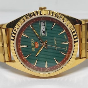 Vintage Seiko 5 automatisk klocka, grön urtavla, guldpläterad armbandsur, cal 6309