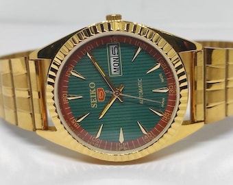 Vintage Seiko 5 Automatic Watch, Green Dial,Gold plated wrist watch,cal 6309