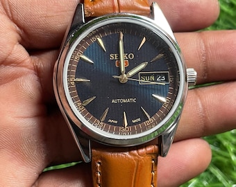 Vintage Seiko 5 Automatic Watch, Refurbished Dark Blue Dial, Genuine Leather Strap, Japan
