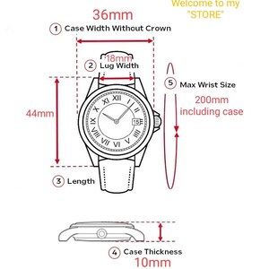 May include: Diagram of a wristwatch with measurements. The case width is 36mm, the lug width is 18mm, and the length is 44mm. The case thickness is 10mm, and the maximum wrist size is 200mm. The text "Welcome to my STORE" is also present.