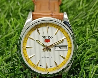 Authentische refurbierte Seiko 5 Automatik,Armbanduhr,Edelstahl Gehäuse,Leder Band