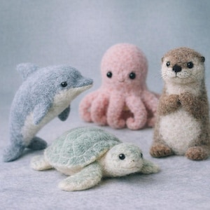 Needle Felted Ocean Animals Set, Sea Turtle Seal Otter Dolphin Octopus Penguin, Handmade Wool Felt Marine Decor