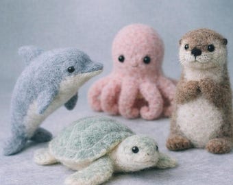 Needle Felted Ocean Animal Set, Handmade Wool Marine Decor