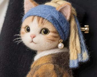 Pearl Cat Felt Brooch, Handmade Wool Felt Cat Pin, Elegant Kitty Brooch, Cat Lover Gift, Handmade Jewelry