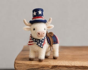 Needle Felted Lamb, Cow & Donkey – Patriotic 4th of July Farm Animal Decor, Handmade Wool Felt Americana Gifts, Independence Day Gifts