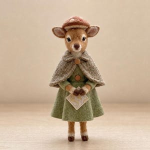 May include: A needle-felted deer figurine wearing a brown mushroom cap hat, a textured beige cape with two brown buttons, and a light green dress. The deer holds a small, square, cream-coloured paper map with a printed world map design in its hands.