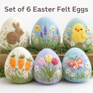 Felt Easter Eggs Set of 6, Needle Felt Easter Decor, Bunny Chick Carrot Tulip Butterfly Eggs, Handmade Spring Decoration