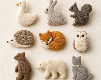 Needle Felt Animal Brooch Set, Handmade Wool Felt Woodland Animal Pins, Sew On Appliques for Clothes Hats Bags, Cottagecore Gift