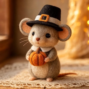 May include: A felt mouse figure wearing a black pilgrim hat with an orange buckle and holding a small orange pumpkin. The mouse has large, dark eyes and long whiskers. A charming autumn decoration, ideal for a mantelpiece.