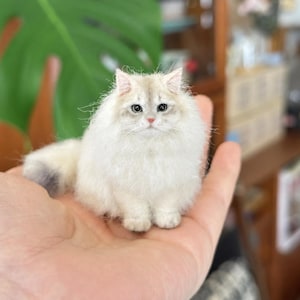Op de afbeelding: Een miniatuur, pluizig wit kattenbeeldje met lang, zacht uitziend bont, puntige oren en donkere ogen. Het kleine, gedetailleerde beeldhouwwerk heeft een lichtroze neus en een borstelige staart, vormgegeven als een langharig kattenras in zithouding.