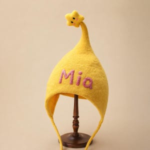 Personalized Kids Hat, Custom Name Felt Star Hat, Handmade Pixie Bonnet, Yellow Elf Hat, Childrens Day Gift for Toddler