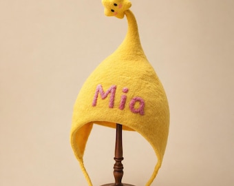 Personalized Kids Hat, Custom Name Felt Star Hat, Handmade Pixie Bonnet, Yellow Elf Hat, Childrens Day Gift for Toddler