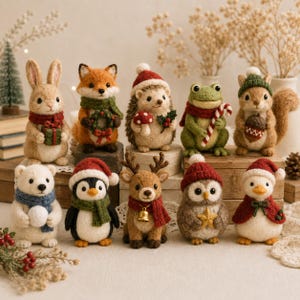May include: A collection of ten needle-felted animal figurines including a rabbit, fox, hedgehog, frog, squirrel, polar bear, penguin, reindeer, owl, and duck. Each figure wears winter accessories like scarves, hats, and holds holiday items.