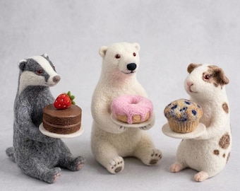 Needle Felted Animal Figurines, Handmade Wool Badger Bear Guinea Pig with Dessert, Woodland Bakery Shelf Decor, Cute Animal Gift