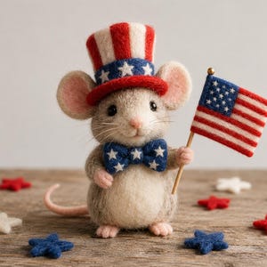 May include: A needle-felted mouse figurine with light gray fur, wearing a red, white, and blue star-patterned top hat and a matching bow tie. The mouse holds a small American flag in one hand, surrounded by scattered felt stars in red, white, and blue.