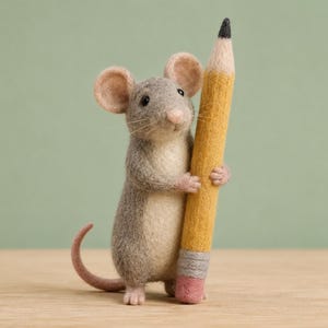 May include: A needle-felted grey mouse with a cream-coloured belly, pink ears, and a pink tail, standing upright while holding a large yellow pencil with a grey metal ferrule and a pink eraser tip. The mouse has small black eyes and whiskers.