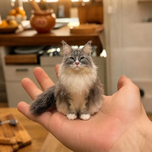 Op de afbeelding: Een miniatuurfiguur van een langharige kat met grijs en wit bont, puntige oren en een pluizige staart. De kat is afgebeeld in een zittende houding met de voorpoten bij elkaar, voorzien van een gedetailleerde vachtstructuur en realistische kenmerken.