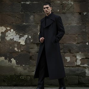Abrigo largo negro de algodón para hombre – Gabardina cruzada
