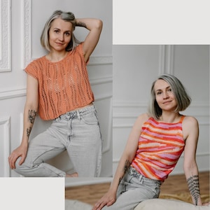 May include: Two women wearing handmade crochet tops and light wash jeans. One top is a solid peach colour, the other is a striped tank top in shades of pink, orange, and red. The tops are handmade and have a unique, open weave design.