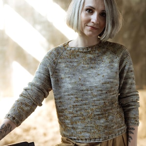 Può includere: Un maglione screziato grigio e marrone con scollo tondo e maniche lunghe. Il maglione è abbinato a pantaloni color beige. L'estetica generale è casual e confortevole, adatta all'uso quotidiano. La trama del maglione appare morbida e invitante.