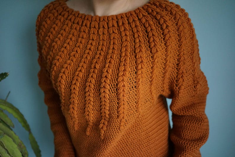 May include: A brown crocheted sweater with a unique leaf-shaped stitch pattern around the neckline.