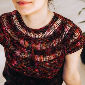 May include: A close-up of a crocheted top with a colorful, multi-colored design. The top has a wide, open neckline and short sleeves.