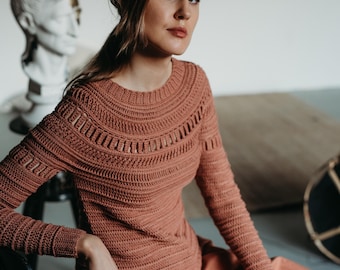 Crochet Sweater Pattern PDF: Mals Clay Round Yoke Design (English)