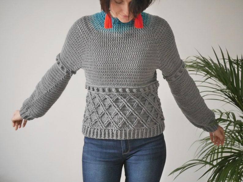 Crochet Sweater Pattern PDF Adoro Sweater crochet crew neck top down raglan pullover pattern in English image 5
