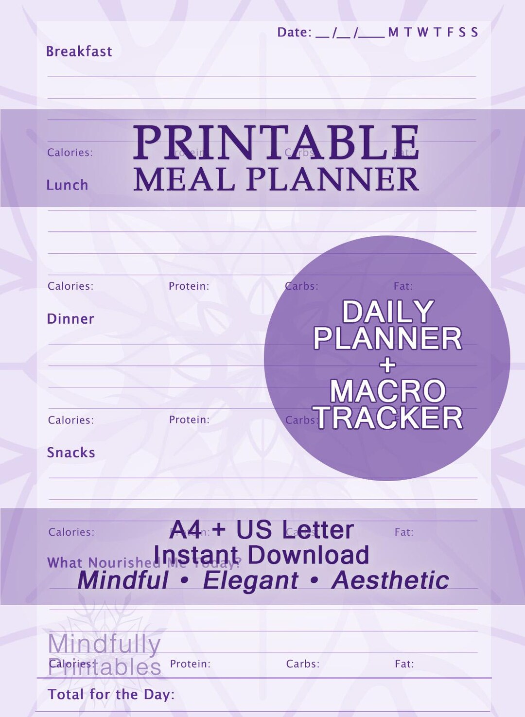 Daily Meal Planner (purple): Printable Food & Macro Tracker, Nutrition ...