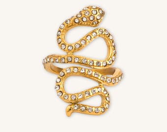 Gold Snake Statement Ring: Adjustable Cubic Zirconia