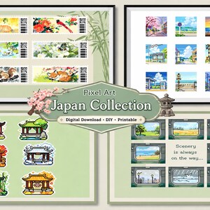 May include: A collection of pixel art prints featuring Japanese themes. Includes framed prints of stamps with animals and flowers, pixelated landscapes, and Japanese structures. The text "Japan Collection" is visible.