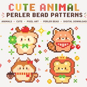 May include: A digital graphic with the text "Cute Animal Perler Bead Patterns" and four pixelated animal designs. The animals are a hedgehog, fox, squirrel, and lion, each with unique accessories and colours. Keywords: animals, cute, pixel art, perler bead, digital download.