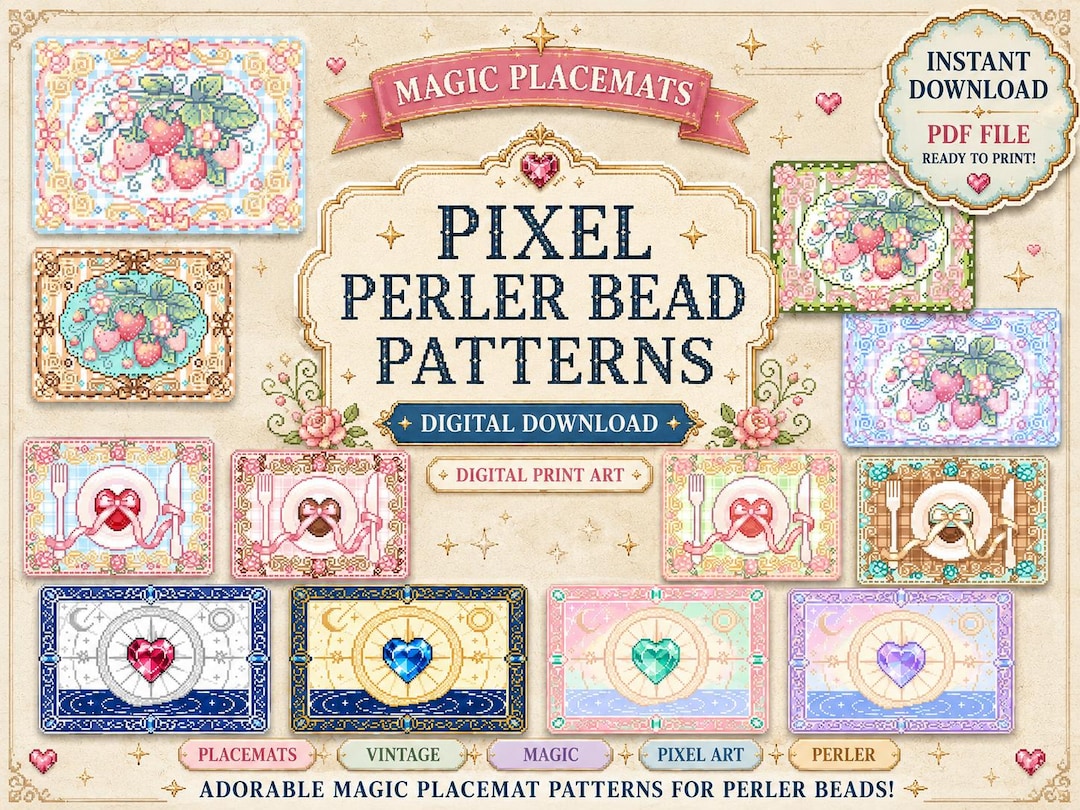 12 Kawaii Magic Placemat Perler Bead Patterns Strawberry Gem Digital ...