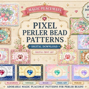 Pode incluir: Download digital de padrões de contas Pixel Perler para adoráveis ​​toalhetes mágicos. A imagem apresenta vários designs de toalhetes com motivos de morangos, corações e pratos. A paleta de cores inclui rosa, azul e dourado, com o texto "Magic Placemats" e "Pixel Perler Bead Patterns".