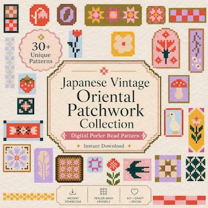 May include: A digital Perler bead pattern collection featuring Japanese vintage and oriental patchwork designs. The image showcases various pixelated patterns, including flowers, birds, and geometric shapes, with the text "30+ Unique Patterns".