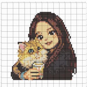 May include: Cross-stitch pattern depicting a person with long brown hair cuddling a light orange and white cat. The pattern is on a grid, with the image created using various coloured thread stitches. The person is smiling, and the cat has blue eyes.