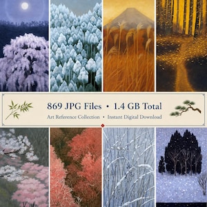 Japanese Landscape Paintings Bundle, Nihonga Style Wall Art, Misty Forest Cherry Blossom Mt Fuji