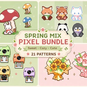 May include: A pixel art graphic featuring a "Spring Mix Pixel Bundle" with cute animal characters, mushrooms, cameras, and floral bouquets. The design includes the text "Sweet, Cozy, Cute" and "21 Patterns". A bonus is included.