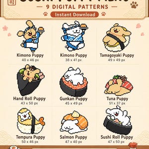 Könnte beinhalten: Ein digitales Download-Menü mit Sushi-Welpen in Pixelkunst. Das Menü enthält neun verschiedene Sushi-Welpen-Designs, wie Kimono Puppy, Tamagoyaki Puppy und Sushi Roll Puppy. Die Designs sind mit ihren Namen und Pixelmaßen beschriftet.