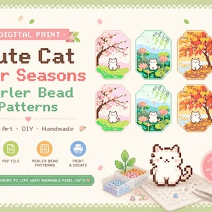 Könnte beinhalten: Digitaldruck mit Pixel-Art-Mustern einer niedlichen Katze durch vier Jahreszeiten. Das Design umfasst Kirschblüten im Frühling, Lotusblumen im Sommer, Herbstbäume und Schnee im Winter. Der Text lautet "Cute Cat Four Seasons Perler Bead Patterns."