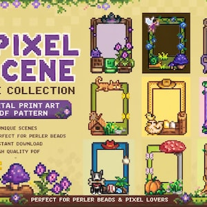 May include: A digital print showcasing a collection of pixelated frames with diverse themes, such as a fairy, cat, and dog. The text "PPIXEL SCENE FRAME COLLECTION" is in purple pixelated letters. The image is designed for Perler beads and pixel art enthusiasts.